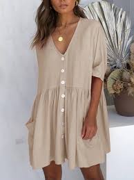 Shop Mini Dress Smock Dress Cotton Sweet Cute Girly Simple Swing V Neck Pockets Button Mini Dress Short Dresses Casual Casual Summer Dresses Maxi Dress Sale