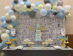 Snoopy Baby Shower Blue Grey And Yellow Snoopy Themed Baby Shower Catch My Party Baby Snoopy Snoopy Baby Shower Baby Shower Yellow