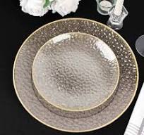 10-Pack Plastic Round Dessert Appetizer Plates 7" Gold Glitter Clear  Hammered Design with Gold Rim - Modern Disposable Salad Plates