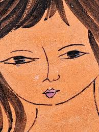 Vintage Mid Century Modern Girl Face Portrait Study Abstract Studio Art  Pottery Dish Terracotta Ceramic Plate Wide Eyed Flower Child Hippie