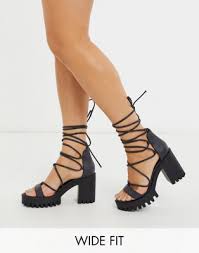 Public Desire Wide Fit Roxanne Ankle Tie Cleated Platform Block Heel Sandal In Black Asos