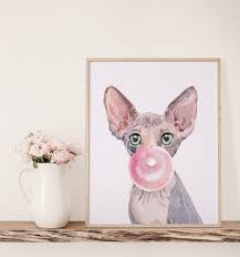 Sphynx Cat Art Print: Bubble Gum, Trendy Wall Decor