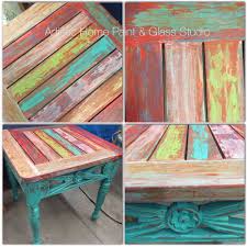 Rustic Chippy Distressed And Colorful End Table Painted With General Finishes Milk Paint Scraped On Painted Furniture Painted End Tables Painted Table Tops