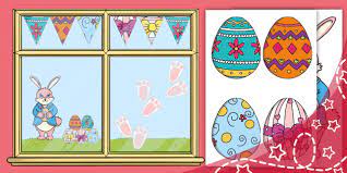 The eggs may be real ones that have been painted, chocolate ones or colored plastic ones that may or may not contain candy. Easter Bunny Window Display Teacher Made