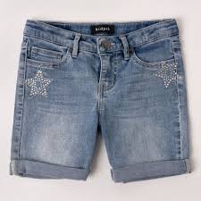 KIDPIK Girls 5 Pocket Rhinestone Star Denim Cuffed Bermuda Shorts | Stargaze Wash