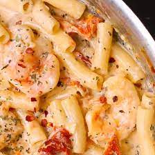 Shrimp Pasta With Creamy Mozzarella Sauce With Sun Dried Tomatoes Garlic Basil Seafood Dinner Seafood Recipes Creamy Shrimp Pasta