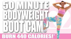50 Minute Bodyweight Strength Boot Camp Gÿ Burn 440 Calories Gÿ Sydney Cummings Youtube Bodyweight Workout Body Weight Bootcamp