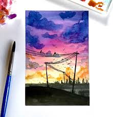 Watercolor painting for beginners beautiful sunset and boat. Watercolor Sunset Painting