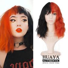 Omg, now how do i fix orange hair? Huaya Black Women Short Wavy Wigs Half Black Half Orange Heat Resistant Fiber Synthetic Wig With Bangs African Party Cosplay Wig Synthetic None Lace Wigs Aliexpress