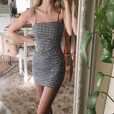 Black And White Plaid Spaghetti Straps Square Neck Bodycon Mini Dress Looks Look Roupas