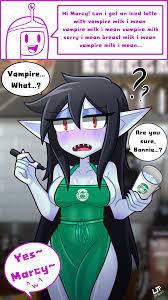 2021 2girls adventure time alternate version available black hair  blush cartoon network casual embarrassed female grey skin iced latte with breast  milk lezaki-thefatlizard marceline meme naked apron outerwear pale