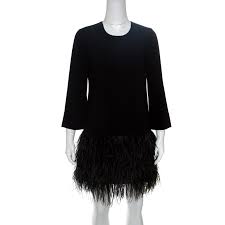 Elizabeth James Black Tiered Ostrich Feather Trim Serena Dress S