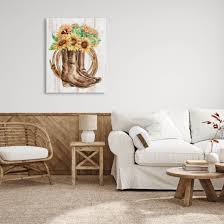 Southern Sunflower Bouquet Boots Botanical & Floral Graphic Art Gallery  Wrapped Canvas Print Wall Art Wall