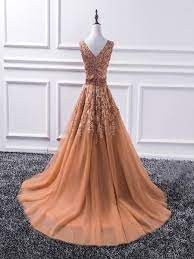 A Line V Neck Sleeveless Appliqued Burnt Orange Tulle Floor Length Prom Dresses Fppd094 Evening Dresses Vintage Beautiful Prom Dresses Tulle Prom Dress