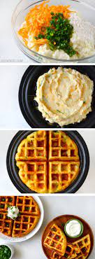 Cheesy Leftover Mashed Potato Waffles Recipe From Justataste Com Waffle Maker Recipes Waffle Iron Recipes Recipes
