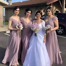Country Bridesmaids Dresses With Cap Sleeves Lace Chiffon Plus Size Wedding Guest Dresses A Line V Neck Maid Of Bride Dresses Floor Length Watters And