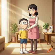 Anime illustration of Nobita Nobi standing next to his mother, Tamako Nobi,  in their sunlit living room. on Craiyon