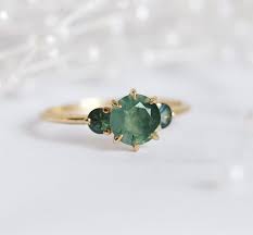 Moss Agate Ring With Teal Sapphires Alternative Three Stone Etsy In 2020 Diamond Shape Earrings Moss Agate Ring Agate Ring