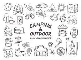 hand drawn camping and hiking elements isolated on white background 手のスケッチ キャンプ イラスト 手書き 文字 かわいい
