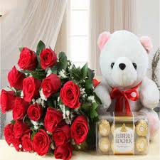 Valentines Day Gift Of Teddy Bear With Ferrero Rocher Chocolate And Red Roses Bouquet India