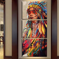 3 Pieces Canvas Art Native American Feathered Girl Hd Oil Painting Print On Canvas Modern Home Decor Wall Art Pictures For Livingroom Decal Posters Unframed W Native American Wall Art