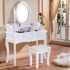 Costway White Vanity Jewelry Makeup Dressing Table Stool 4 Drawer Walmart Com White Vanity Table White Wood Vanity Vanity Table Set
