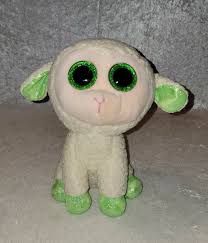 TY Beanie Boo Buddy Lamb "LaLa" 2015 Cream/Green Sparkle Big Green Eyes 9" 