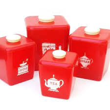 The red kitchen canister sets available come with lids so that they seal in freshness. Vintage Red Canisters 50s Kitchen Canister Set Tea Coffee Etsy Red Canisters Vintage Canister Sets Kitchen Canister Set