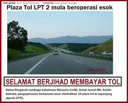 Ismail berkata kadar tol permulaan bagi lpt2 adalah 12 sen/km bagi kenderaan kelas 1 (kereta). Hanya Di Kelate Terima Kasih Kerajaan Zalim Makanlah Selagi Mau Ingat Kuasa Tak Akan Kekal Selamanya Sebarkan Sebanyaknya Facebook