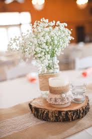 Wood slab centerpieces near me. Wooden Slab Centerpiece With Burlap And Lace
