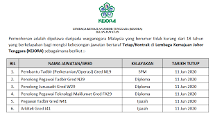 Lembaga kemajuan johor tenggara (kejora) is an agency under the ministry of territory and rural development with its function as a territory it is divided into two smaller territory which is johor tengah (149,009 hectare) and pengerang (151,356 hectares). Permohonan Online Jawatan Kosong Di Lembaga Kemajuan Johor Tenggara Kejora
