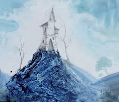 Tableau Peinture Acrylique Et Encre Bleu Dessin Crayon Paysage Onirique De Nuit Avec Petite Maison Tordue Painting Pencil Drawings House On A Hill