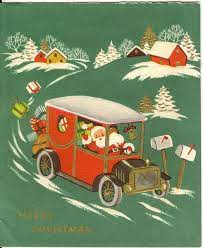 Santa In Antique Red Car On Green Vintage Christmas Cards Vintage Christmas Greeting Cards Vintage Holiday Cards
