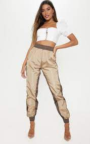 Taupe Contrast Panel Shell Jogger Women Jogger Pants Fashion Clothes Women Fancy Outfits