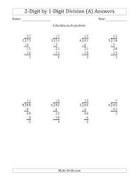 2 digit by 1 digit long division with remainders and steps shown on answer key a