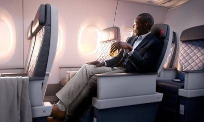 Delta Premium Select seat on the Airbus A350 with leg rest and footrest extended