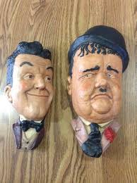 VINTAGE LAUREL AND HARDY WALL CHALK BUSTS WALL MASKS SUPER REALISTIC