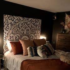 White Queen Headboard Teak Carved Wood Wall Art Large Decorative Panels Lotus Flower Mandala Bohemian Decor Thailand Rustic Cottage Brown Headboards For Beds Large Wood Wall Art Bohemian Headboard