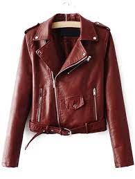 Burgundy Faux Leather Belted Moto Jacket With Zipper Leather Jackets Women Faux Leather Biker Jacket Faux Leather Jackets