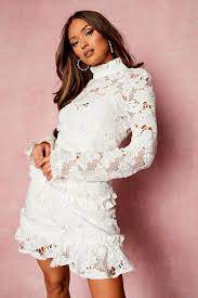 Free shipping on orders $89+ london times. Boohoo Lace High Neck Long Sleeve Tiered Mini Dress In White Lyst