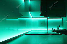 kitchen with turquoise led lighting