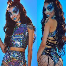 Awakening crop top and booty shorts combo. 2019 New Women Rave Crop Top Booty Shorts Bottoms Metallic Silver Hologram Outfit Bikini Swimsuit Wish