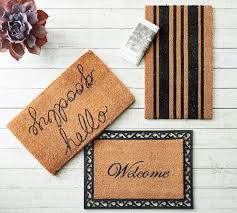 30×18 inches (all measurements approximates) painted coir doormat with pvc/latex backing to help keep mat in place. Hello Goodbye Doormat Pottery Barn