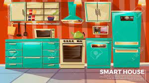 Concept kitchen home kitchen cartoon kitchen interior vector kitchen background kitchen cartoon vector kitchen background flat cartoon kitchen table cartoon images of cooking illustration kitchen cartoon. Smart Kitchen Interior Background Vector Illustration Of Home Wireless Control Technology Cartoon Flat Design Of Smart Kitchen Wi Fi Appliances Refrigerator And Dishwasher And Microwave Oven Royalty Free Cliparts Vectors And Stock Illustration