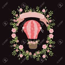 Floral pattern hot air balloon. Poster With Pink Hot Air Balloon With Ribbon And Flowers Frame For Invitations Vector Floral Concept