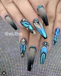 Long Butterfly Blue Black Nail Ideas Luxury Nails Black Coffin Nails Stylish Nails Art