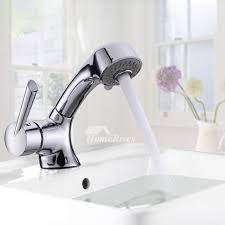 Chrome Bathroom Faucet Pull Out Spray Single Handle Silver Vessel
