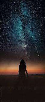Dramatic And Fantasy Scene With Young Woman Looking Universe With Falling Stars Night Sky Photography Night Sky Wallpaper Night Sky Photography Stars