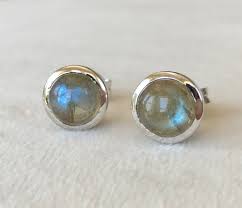 Classic Round Labradorite Stud Silver Earring- Smooth Simple Labradorite  Earring- Natural Iridescent Earring- Minimalist Stud Earring