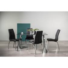 The following diagrams will vary slightly according to table shape. Emin Black Marble Effect Tempered Glass 6 Seater Table 4 Benton Black Faux Leather Chairs With Shiny Nickel Legs Dining Sets Home Origins